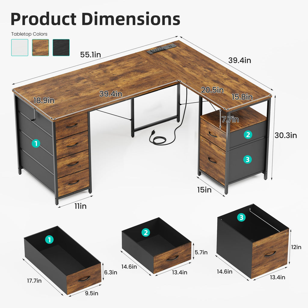 55 Inch L Shaped Office Desk with 6 Drawers V1497