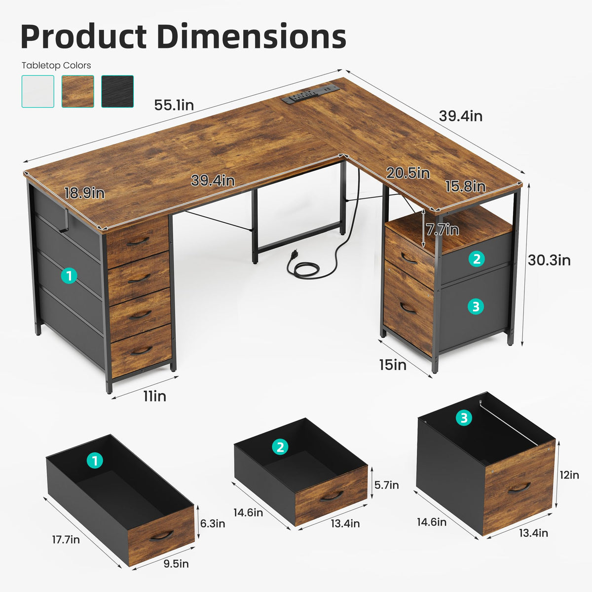 55 Inch L Shaped Office Desk with 6 Drawers V1497