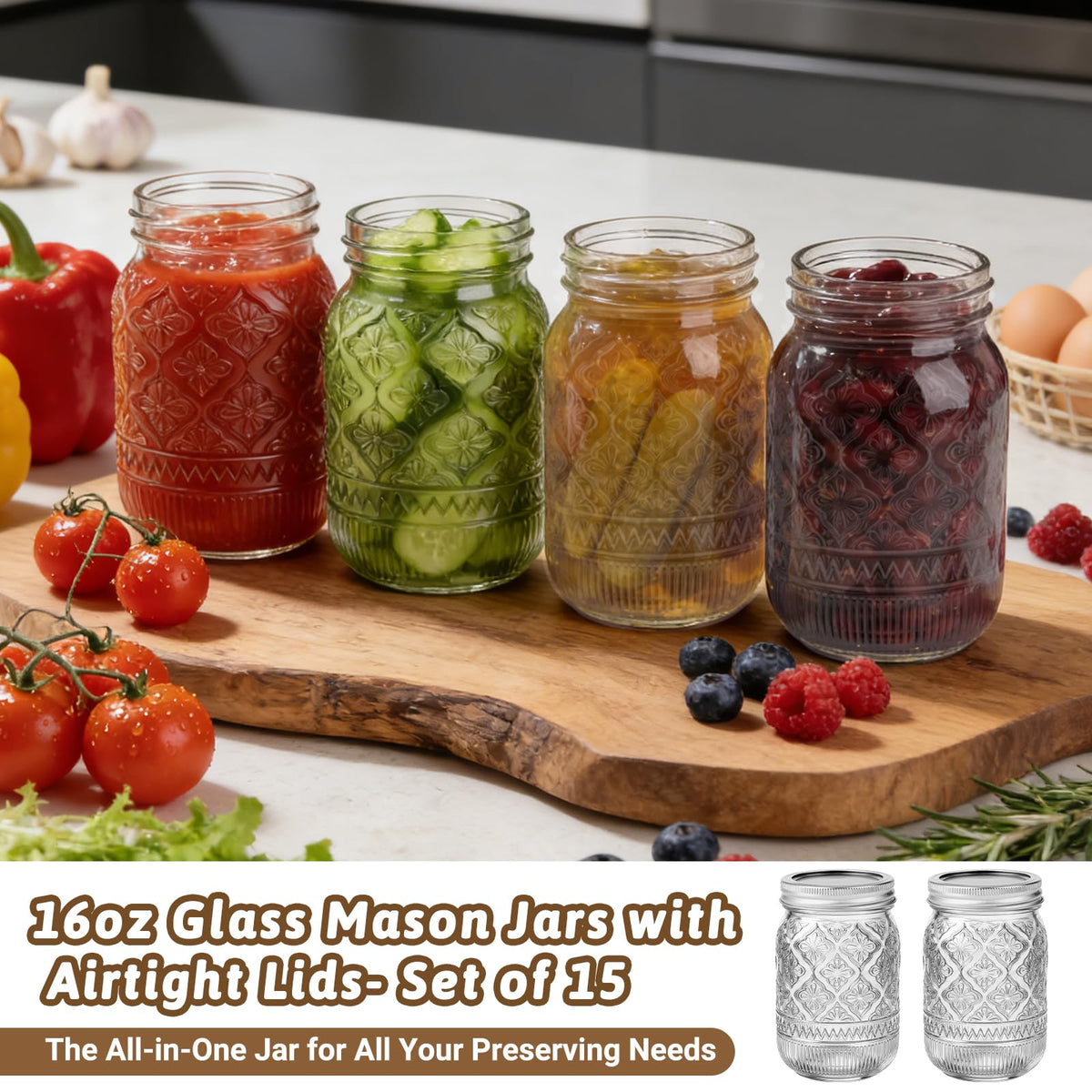 16oz Embossed Mason Jars 15-Pack with Airtight Lids D245366
