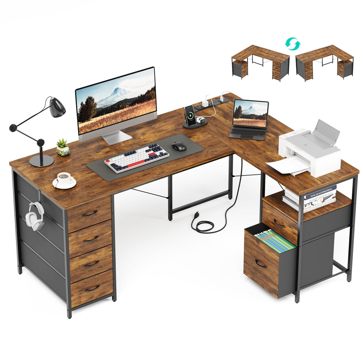 55 Inch L Shaped Office Desk with 6 Drawers V1497