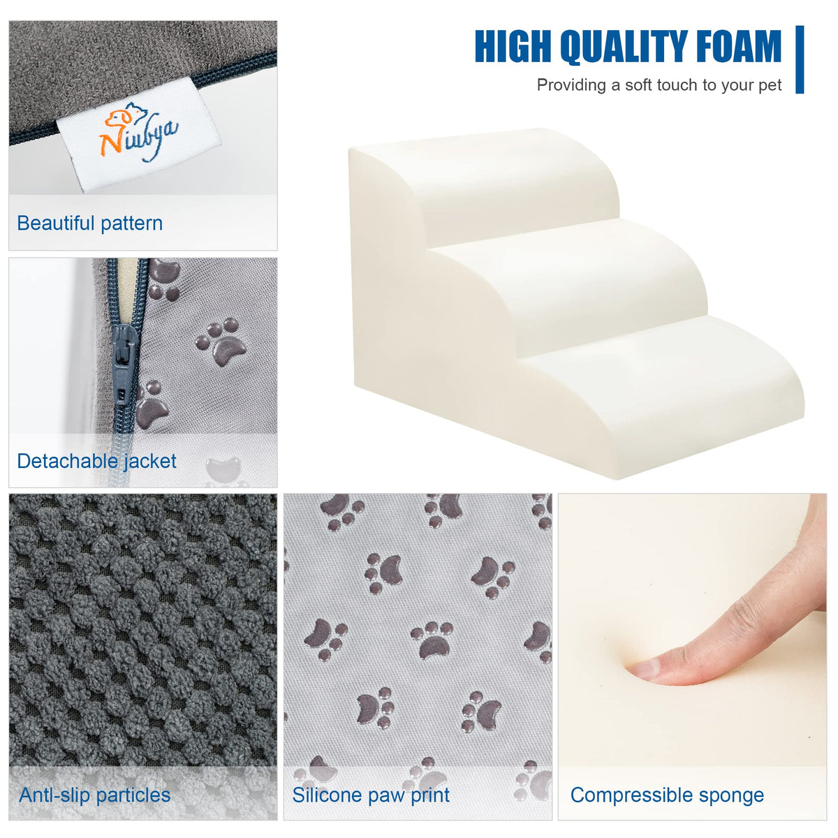 High Density Foam Dog Stairs 3 Steps Grey Q847
