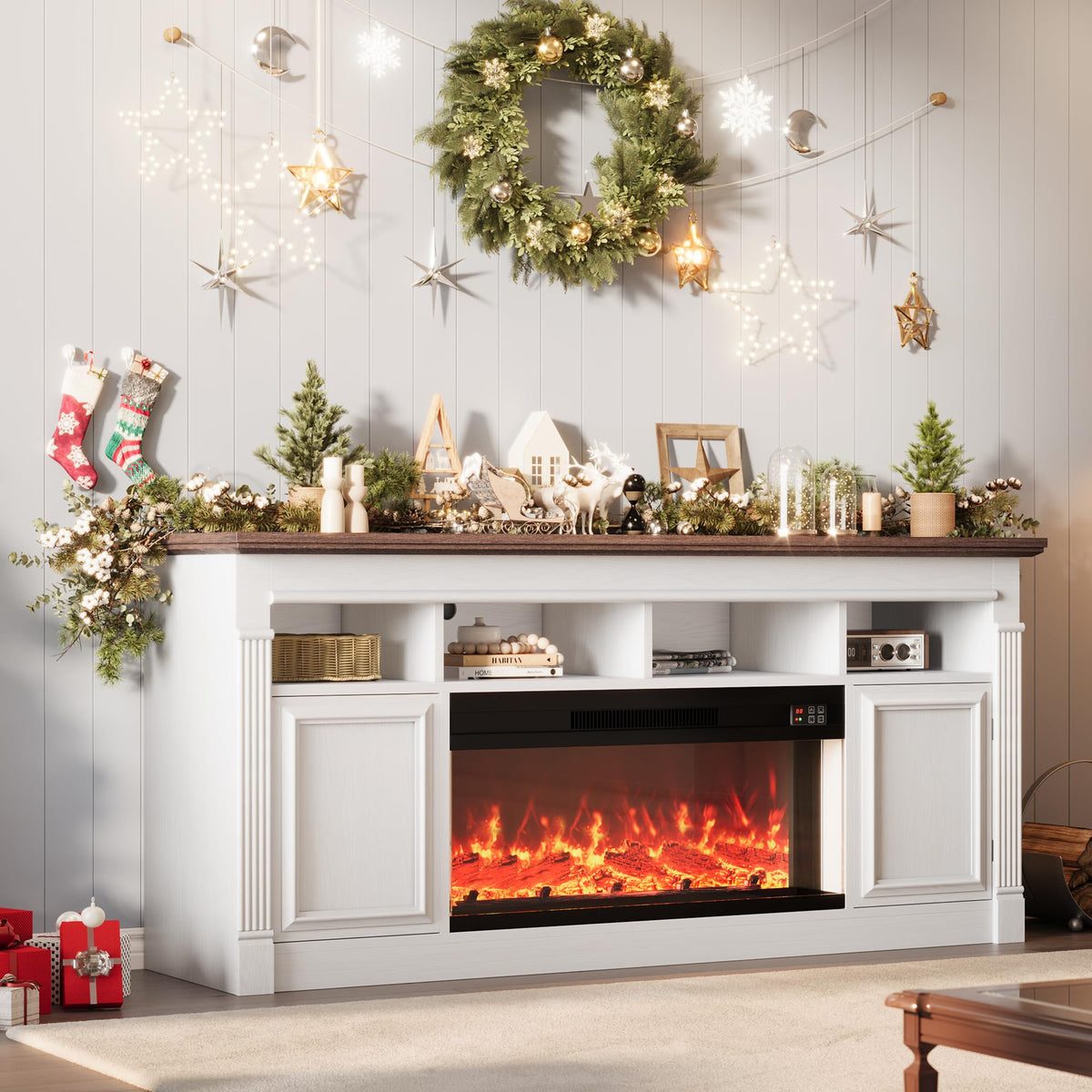 66 Inch White & Brown Two-Tone Fireplace TV Stand E851475