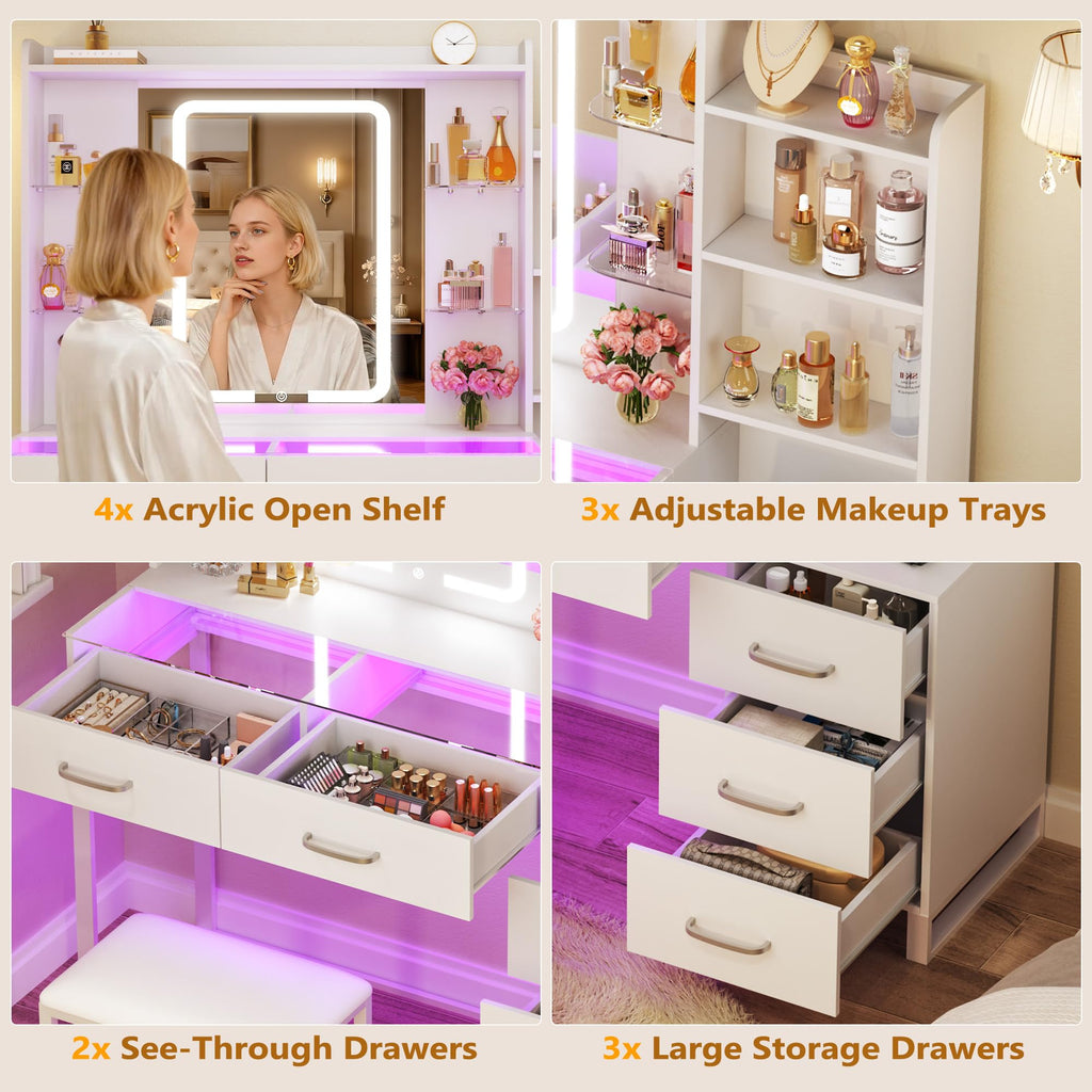 White Vanity Desk with Mirror and Stool 5 Drawers B85682