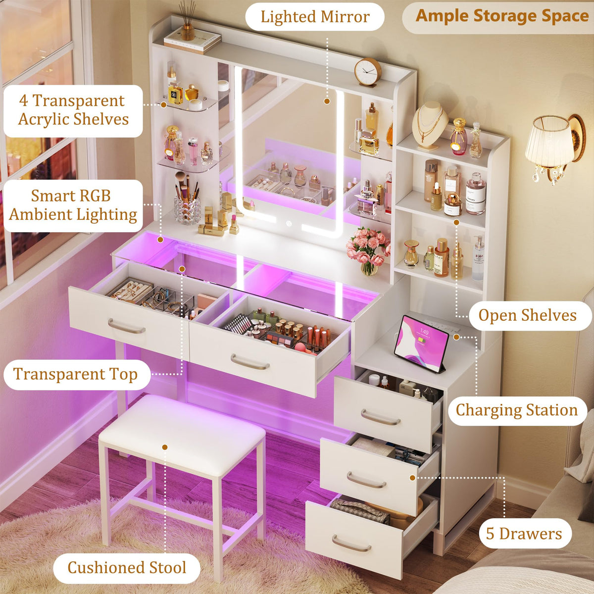White Vanity Desk with Mirror and Stool 5 Drawers B85682