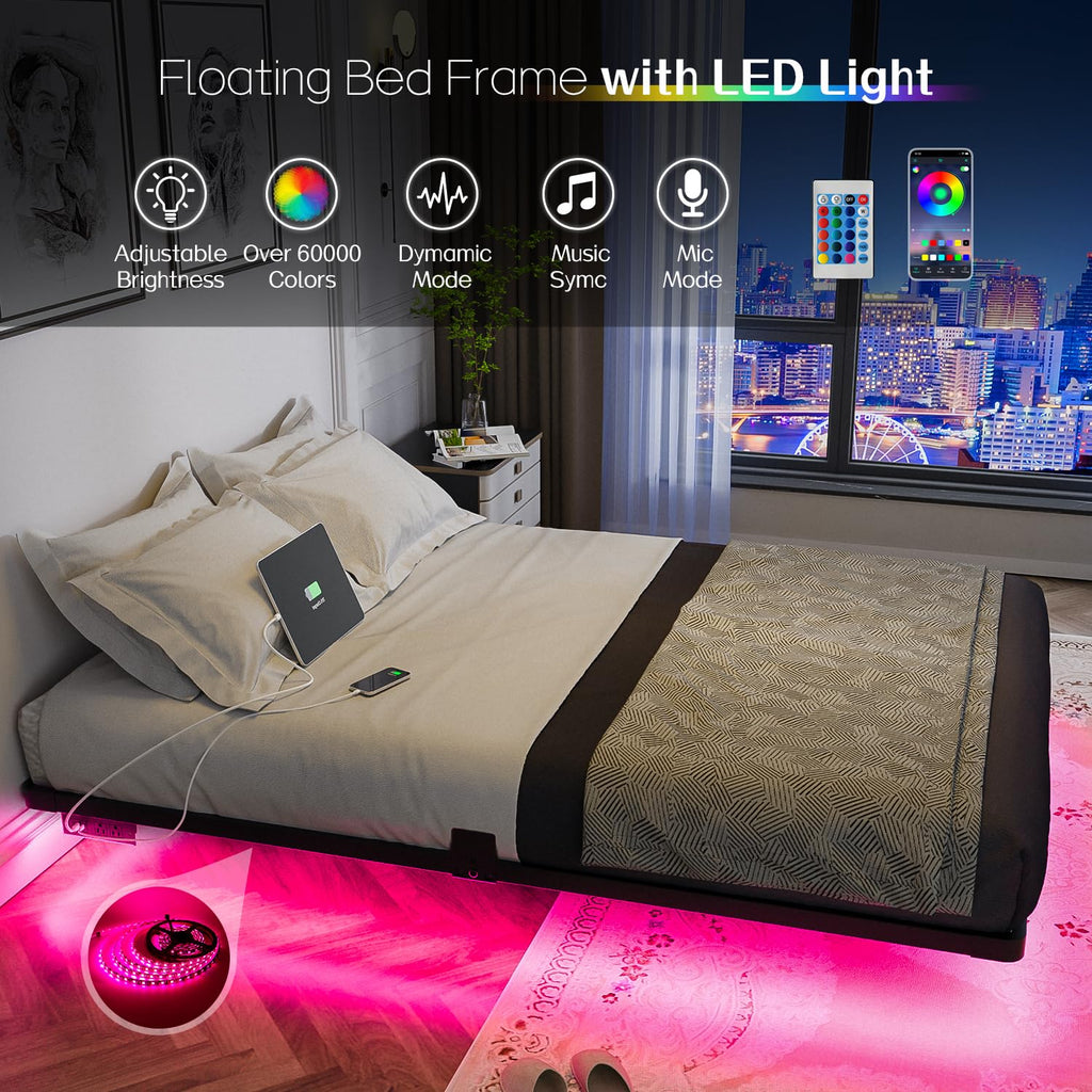 Full Size Metal Floating Bed Frame with LED Light & Charging Station D1125