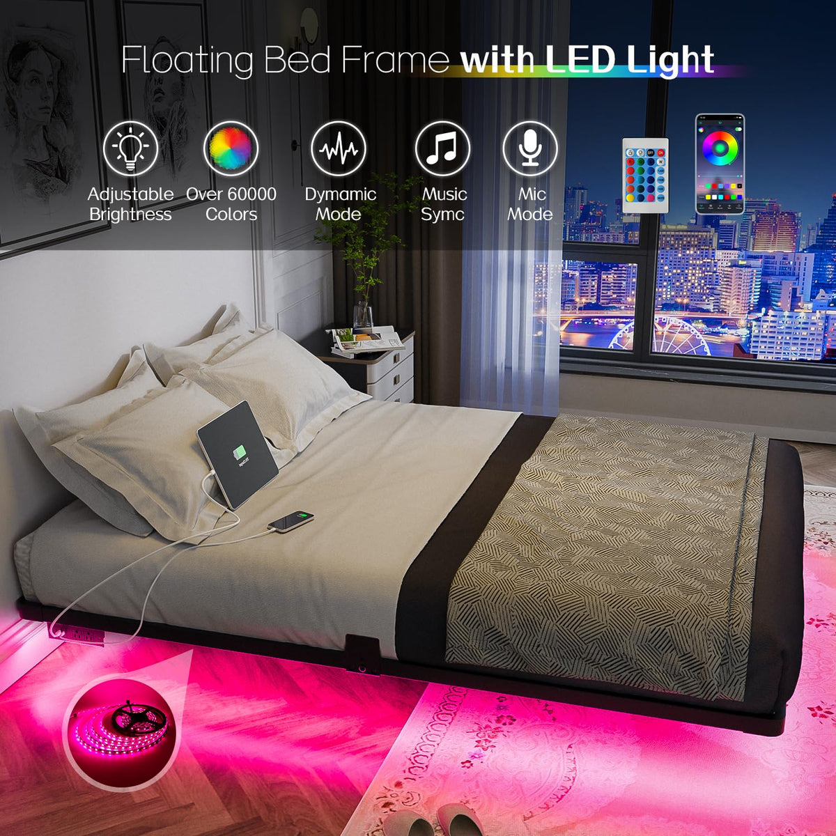 Full Size Metal Floating Bed Frame with LED Light & Charging Station D1125