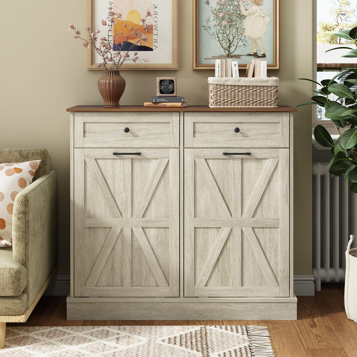 Double Tilt Out Trash Bin Holder Walnut White Wooden 10 Gallon Z766