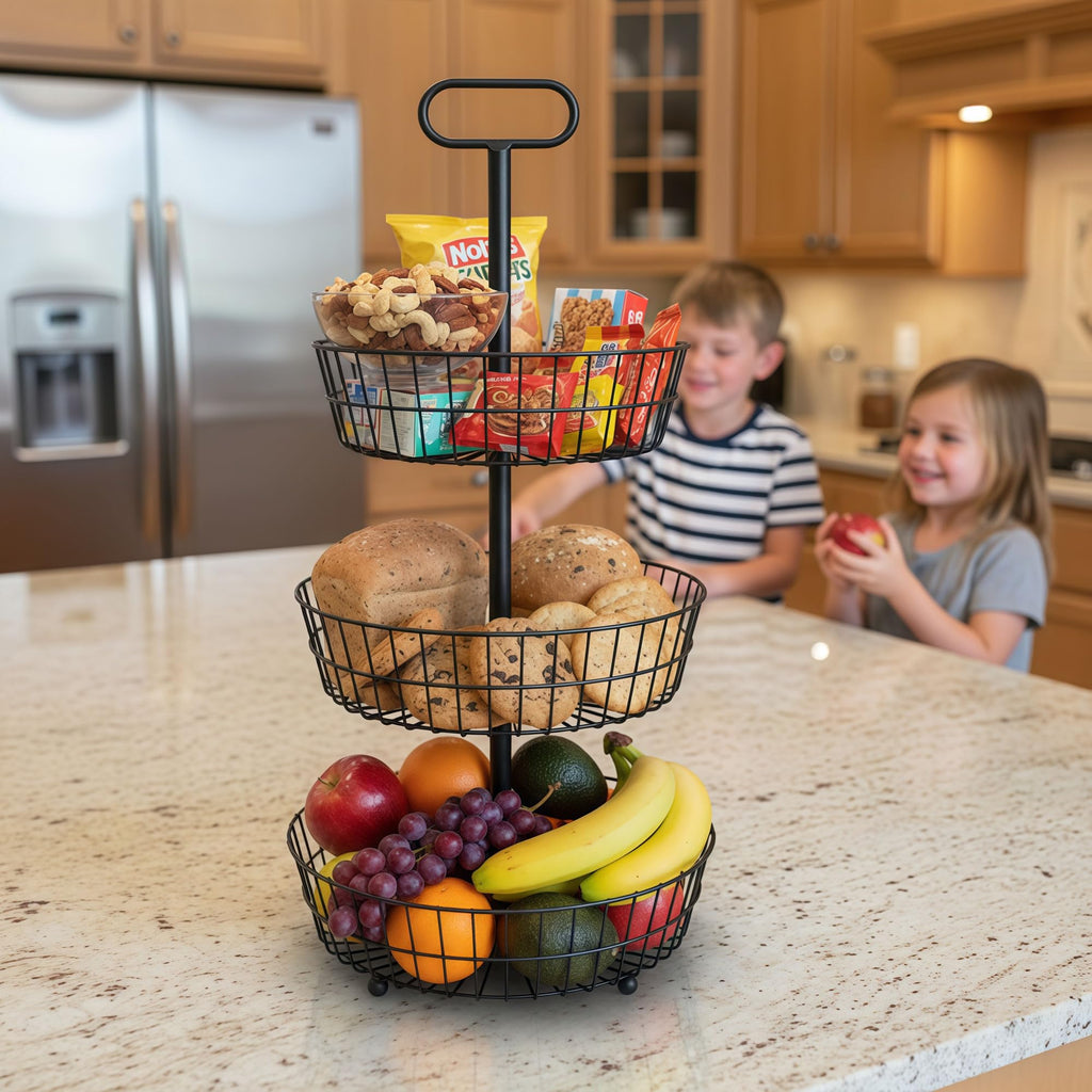 3-Tier Metal Round Standing Fruit Basket with Handle P35857