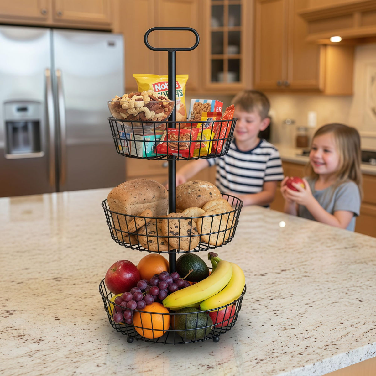 3-Tier Metal Round Standing Fruit Basket with Handle P35857