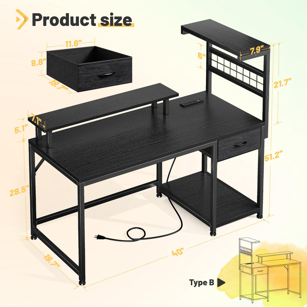 40" Gaming Desk with LED Lights & Power Outlets, Black I81087