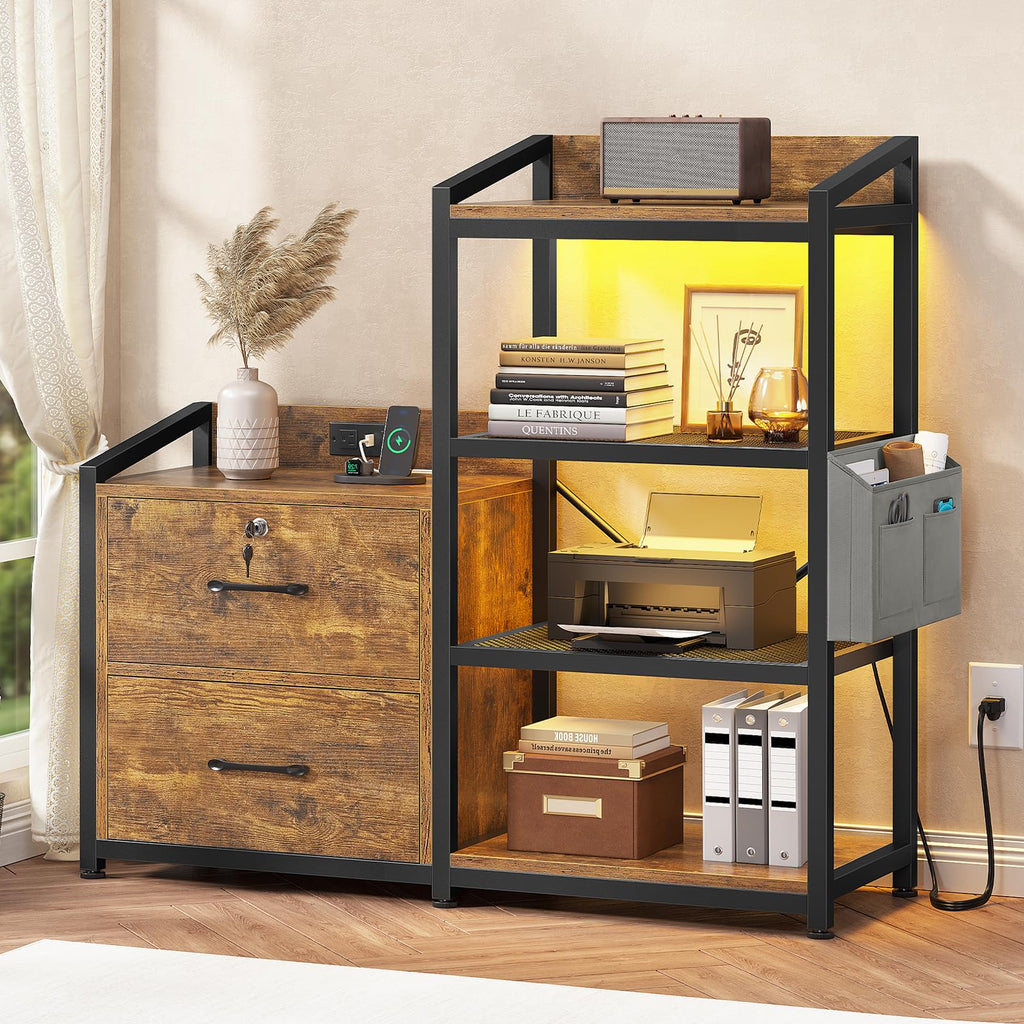 35.4” File Cabinet with 2 Drawer, Power Strip, LED Lights, Lock, Open Shelf, Rustic Brown K243332