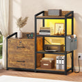 35.4” File Cabinet with 2 Drawer, Power Strip, LED Lights, Lock, Open Shelf, Rustic Brown K243332