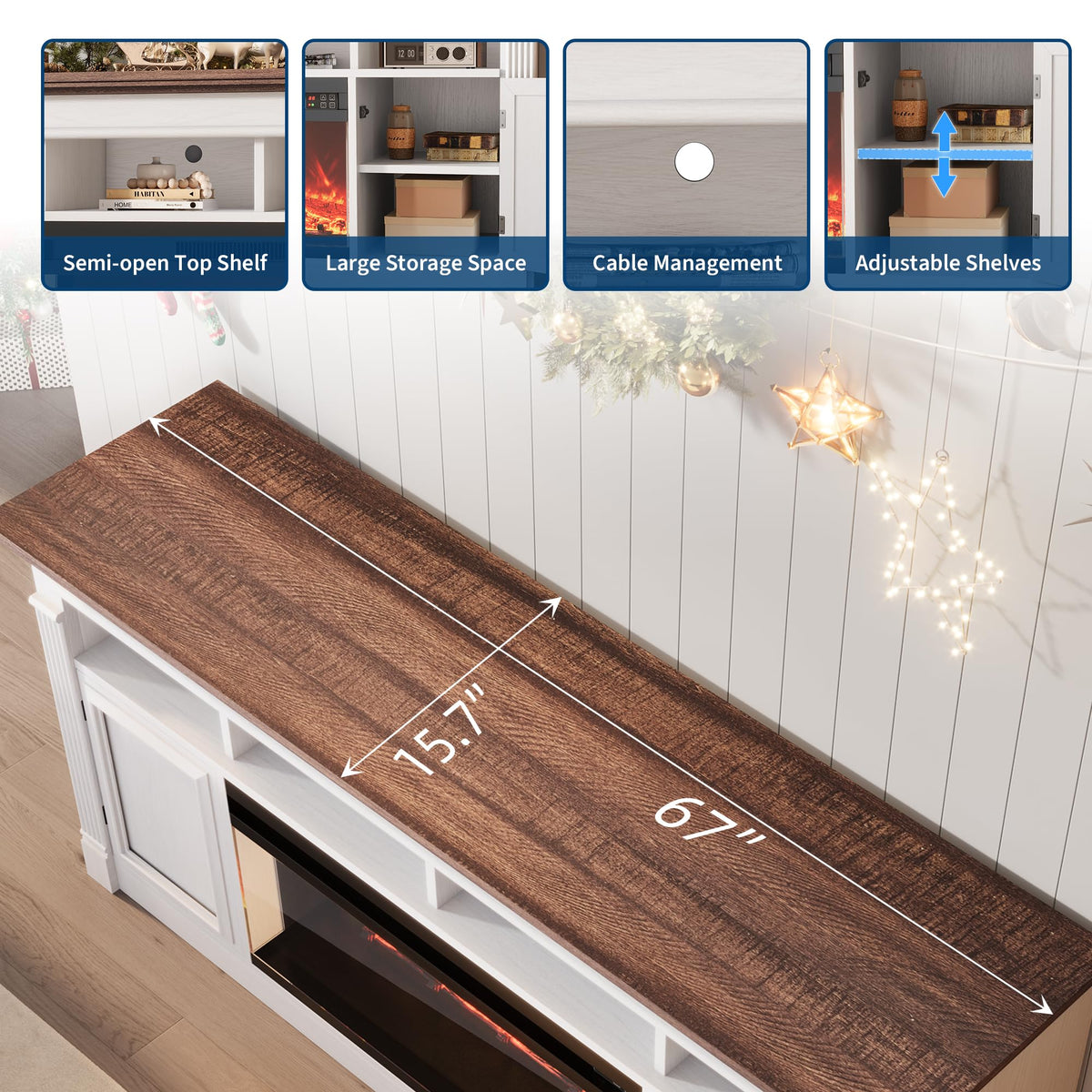 66 Inch White & Brown Two-Tone Fireplace TV Stand E851475