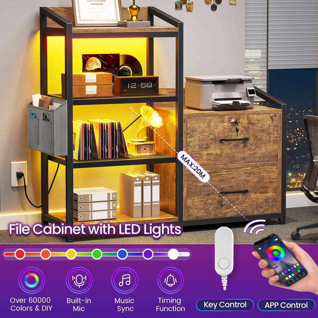 35.4” File Cabinet with 2 Drawer, Power Strip, LED Lights, Lock, Open Shelf, Rustic Brown K243332