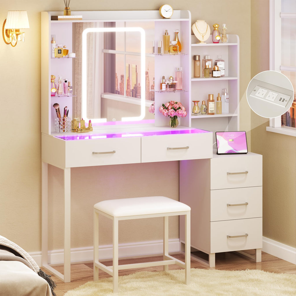 White Vanity Desk with Mirror and Stool 5 Drawers B85682