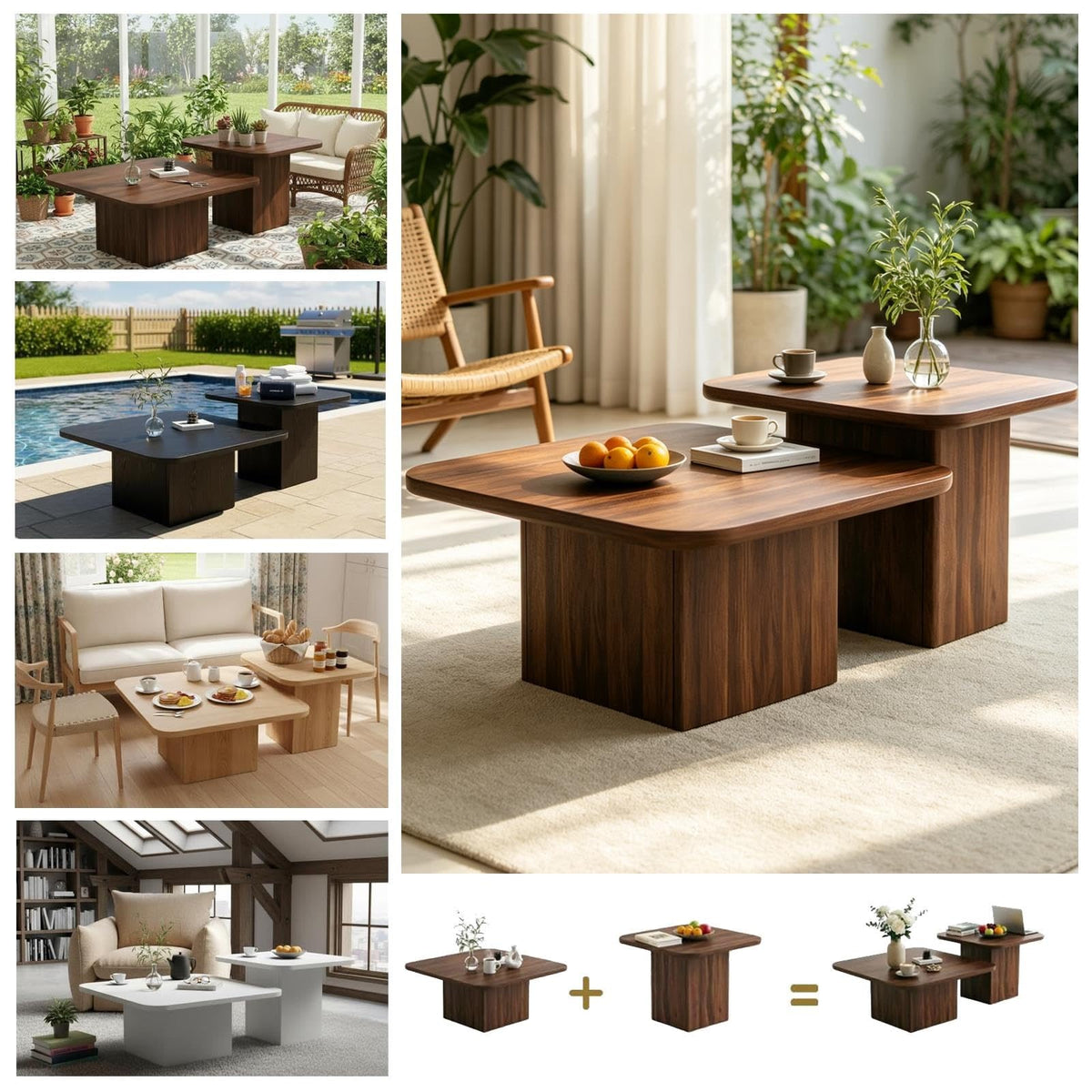 Nesting Coffee Tables Set of 2 Wood Square T18064