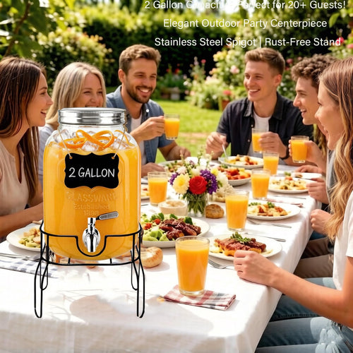 2 Gallon Glass Beverage Dispenser with Stand, Lid & Ice Core H6138