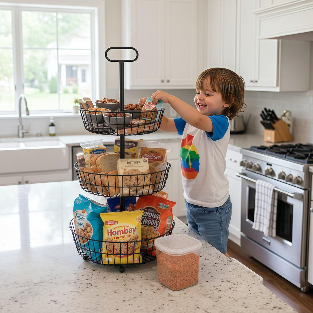 3-Tier Metal Round Standing Fruit Basket with Handle P35857