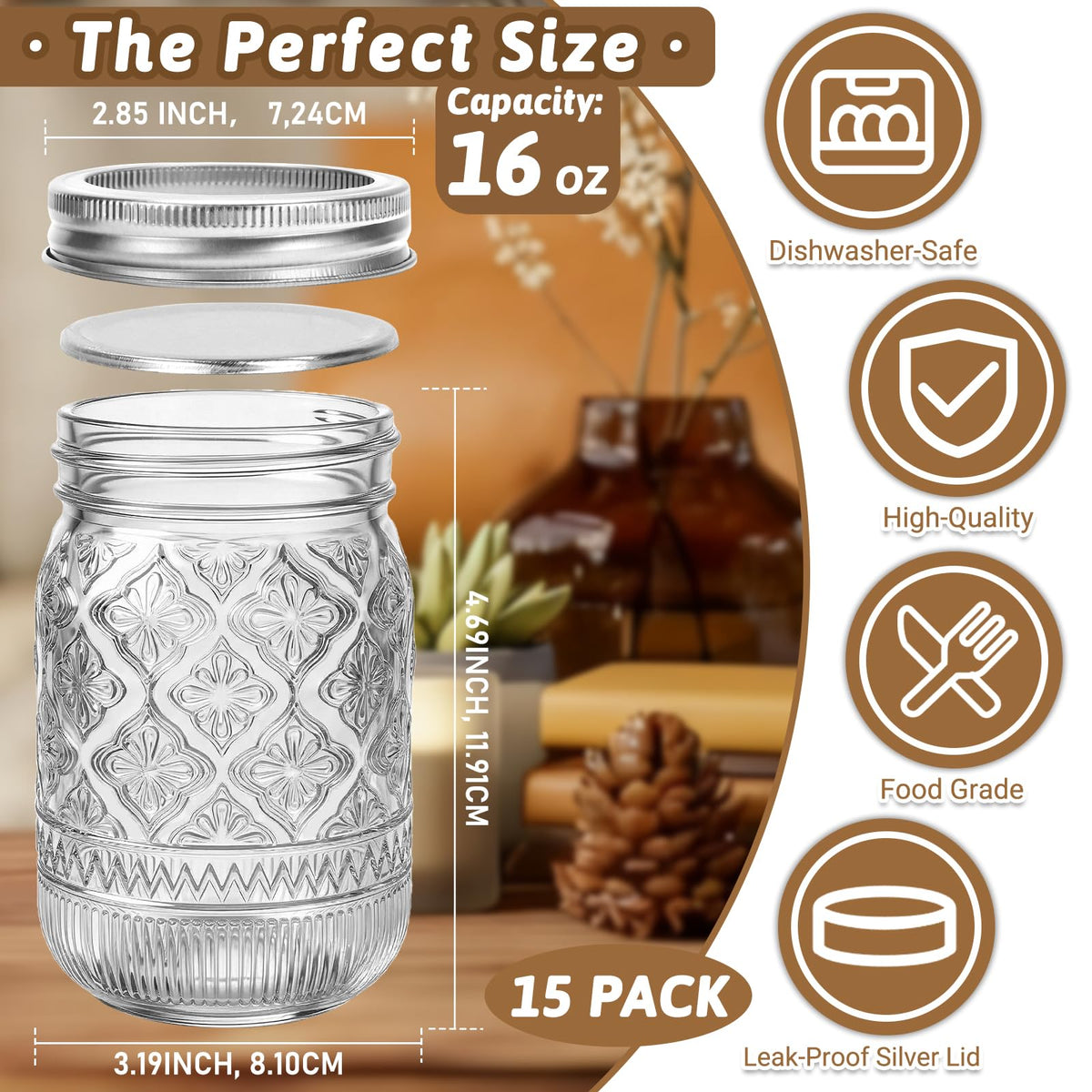 16oz Embossed Mason Jars 15-Pack with Airtight Lids D245366