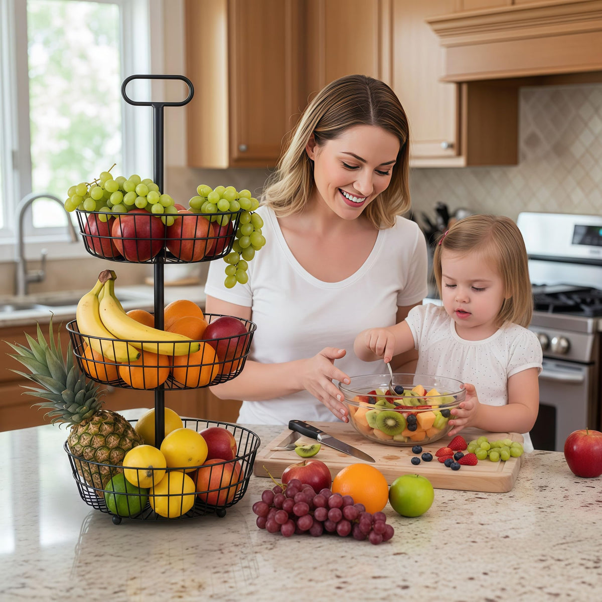 3-Tier Metal Round Standing Fruit Basket with Handle P35857