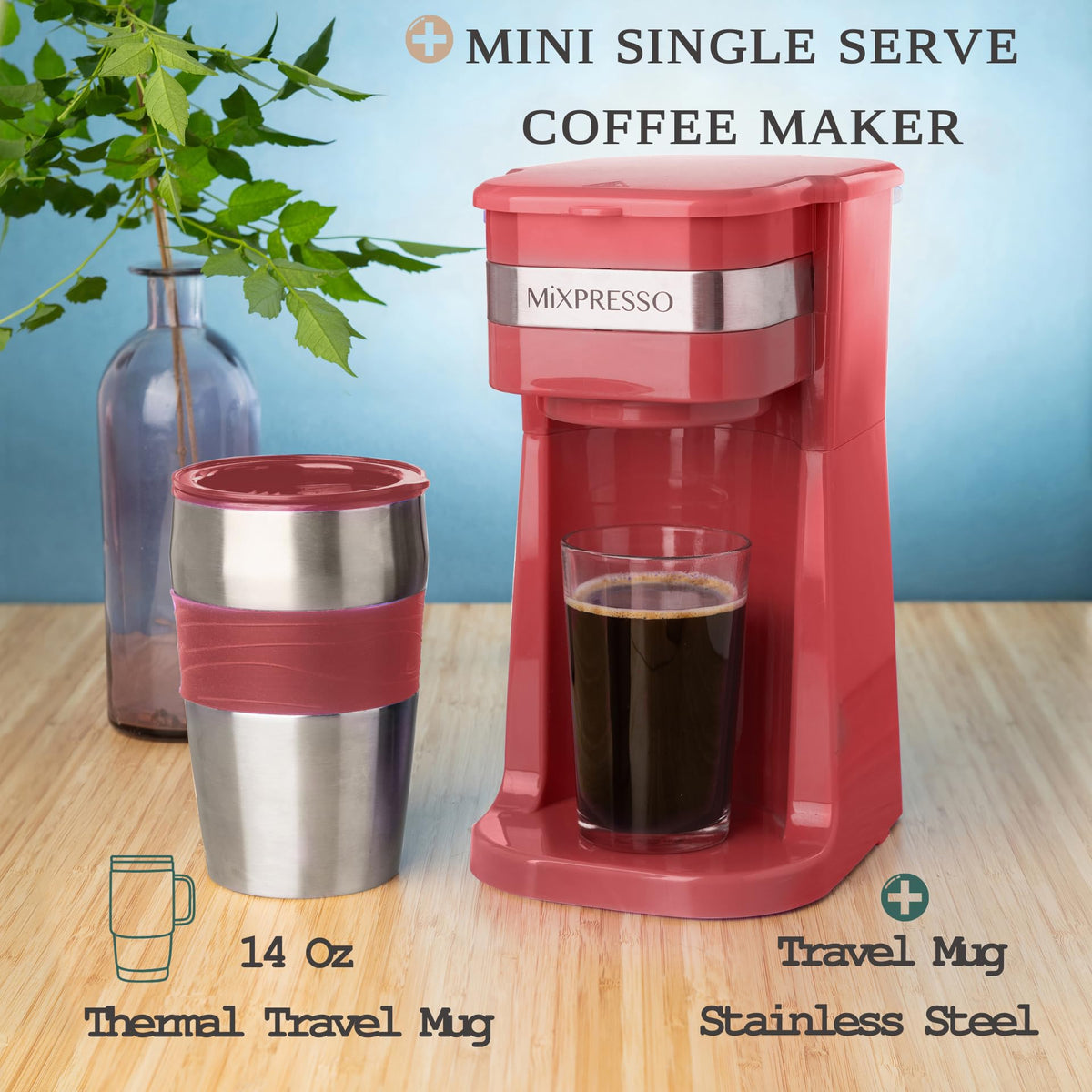 Single Serve Coffee Maker with 14oz Travel Mug Red Z471