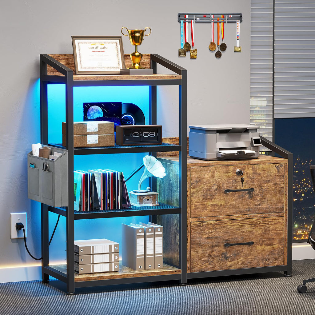 35.4” File Cabinet with 2 Drawer, Power Strip, LED Lights, Lock, Open Shelf, Rustic Brown K243332