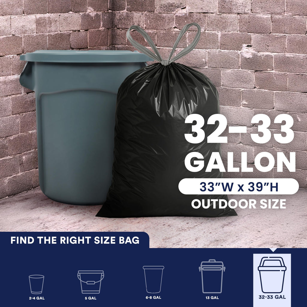 32-33 Gallon 1.2 Mil Black Drawstring Trash Bags, 100 Count G2005