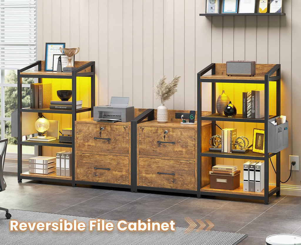 35.4” File Cabinet with 2 Drawer, Power Strip, LED Lights, Lock, Open Shelf, Rustic Brown K243332
