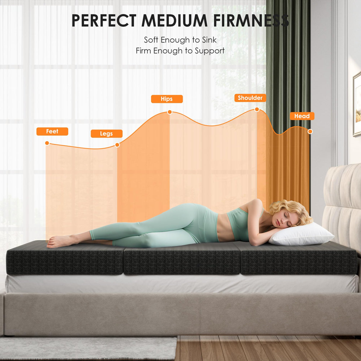 4 Inch Tri-Fold Twin Size Memory Foam Mattress with Washable Cover A86650