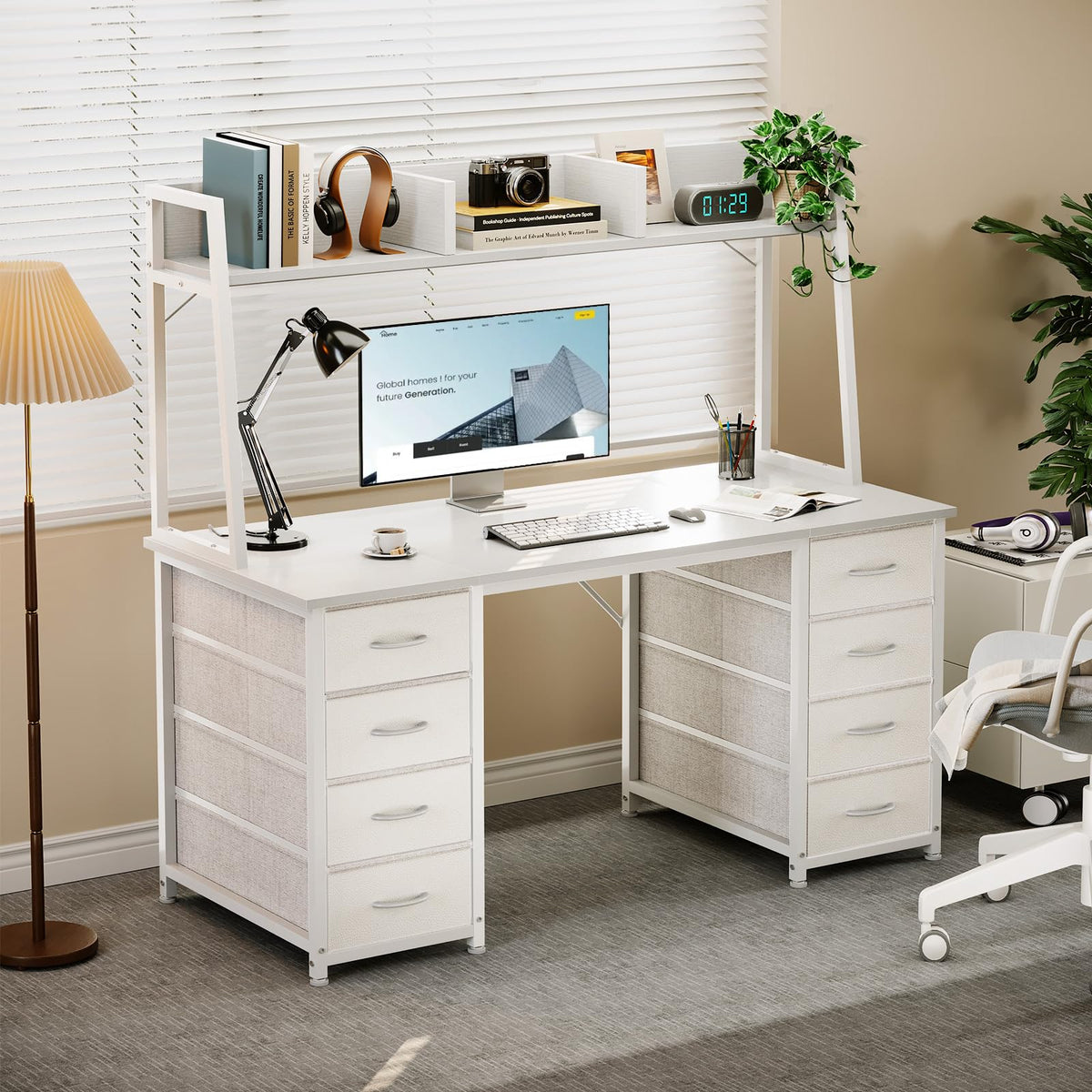 48 Inch White Computer Desk with Hutch and 8 Drawers X141762