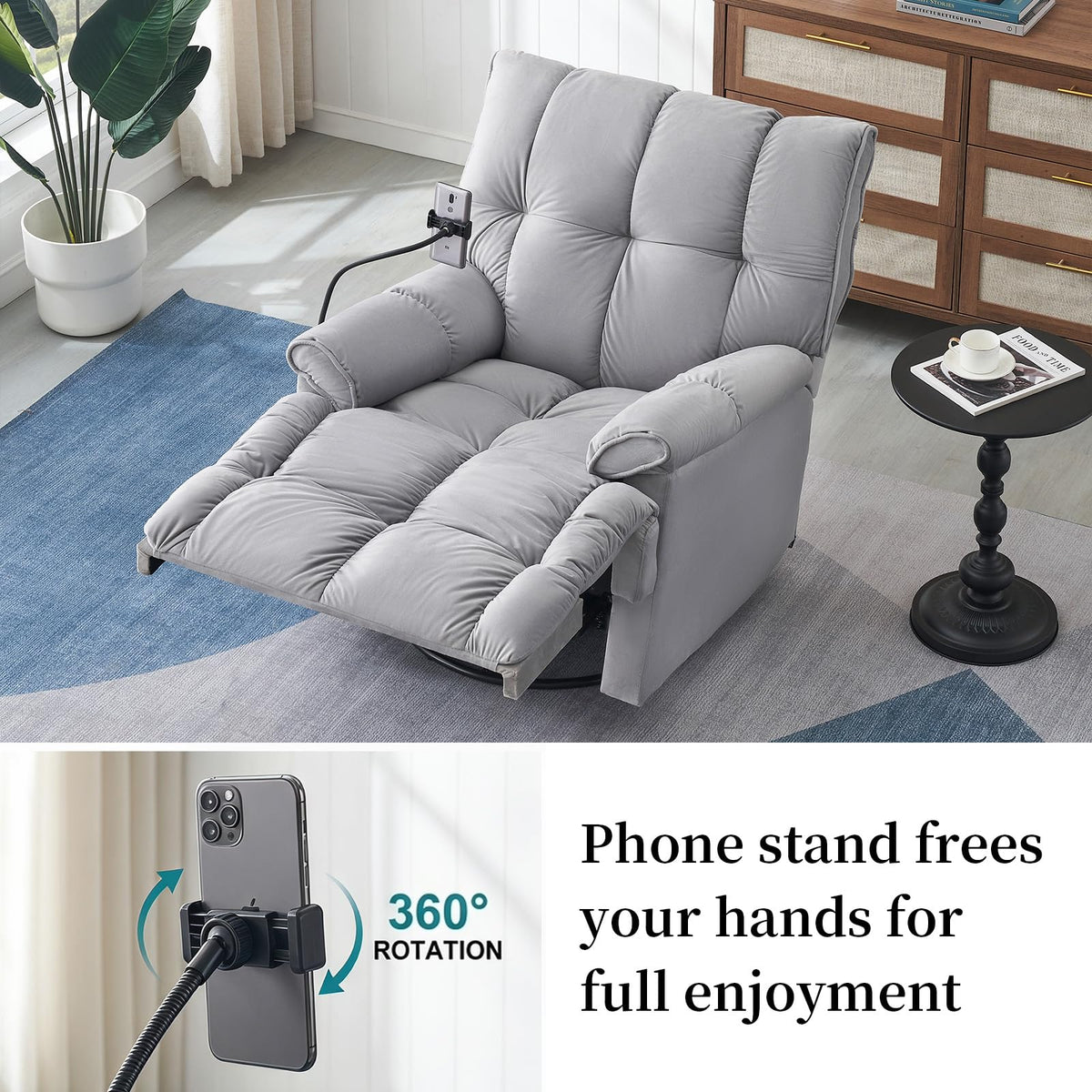 Velvet Swivel Recliner Accent Chair with Detachable Side Phone Holder V266