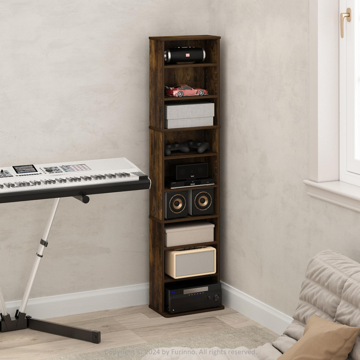 9 Shelf Amber Pine Media Shelf E2046