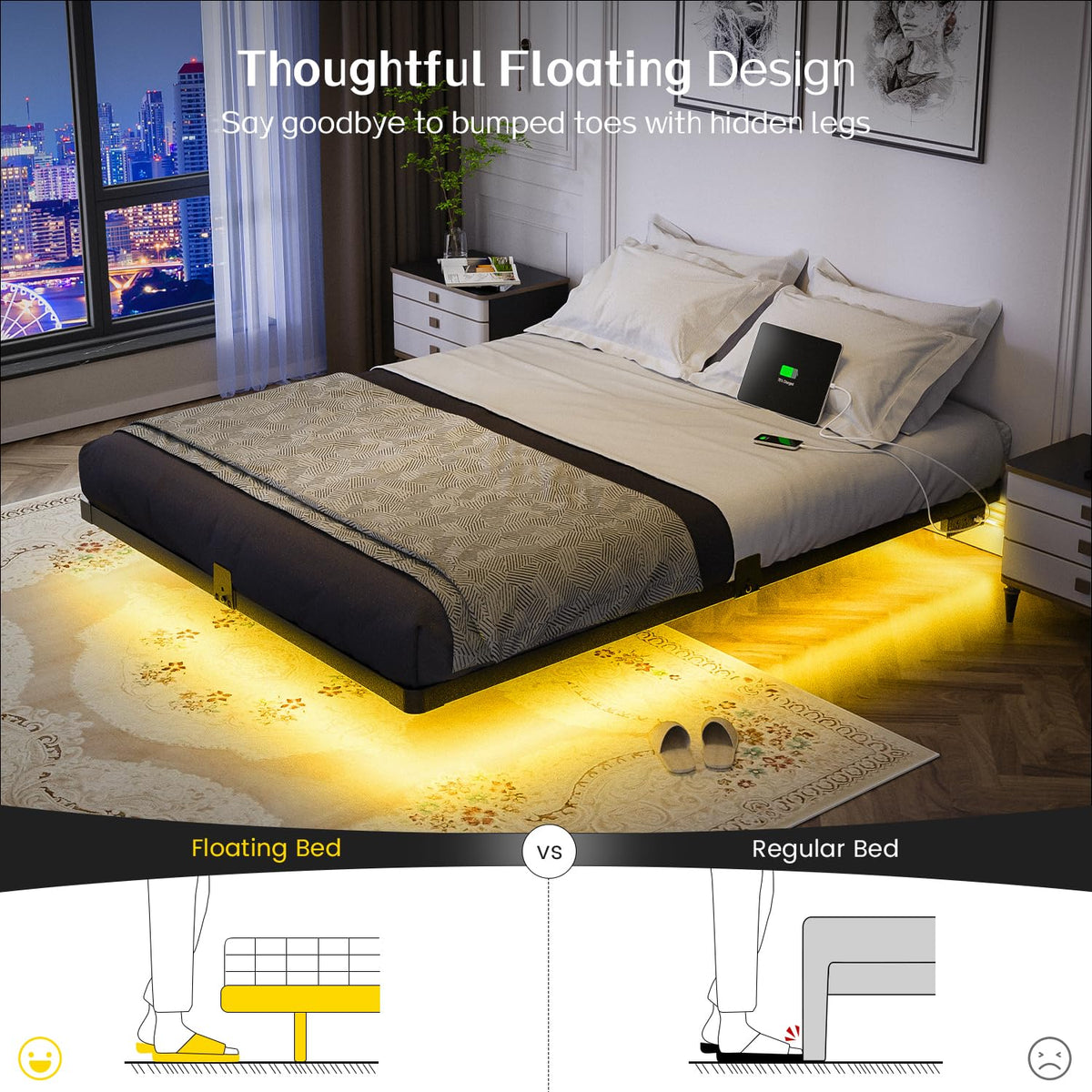 Full Size Metal Floating Bed Frame with LED Light & Charging Station D1125
