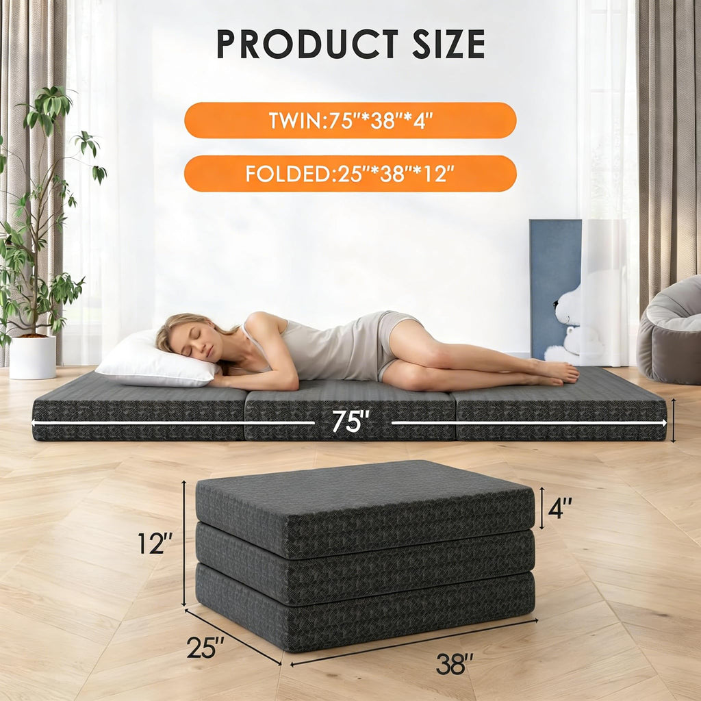 4 Inch Tri-Fold Twin Size Memory Foam Mattress with Washable Cover A86650