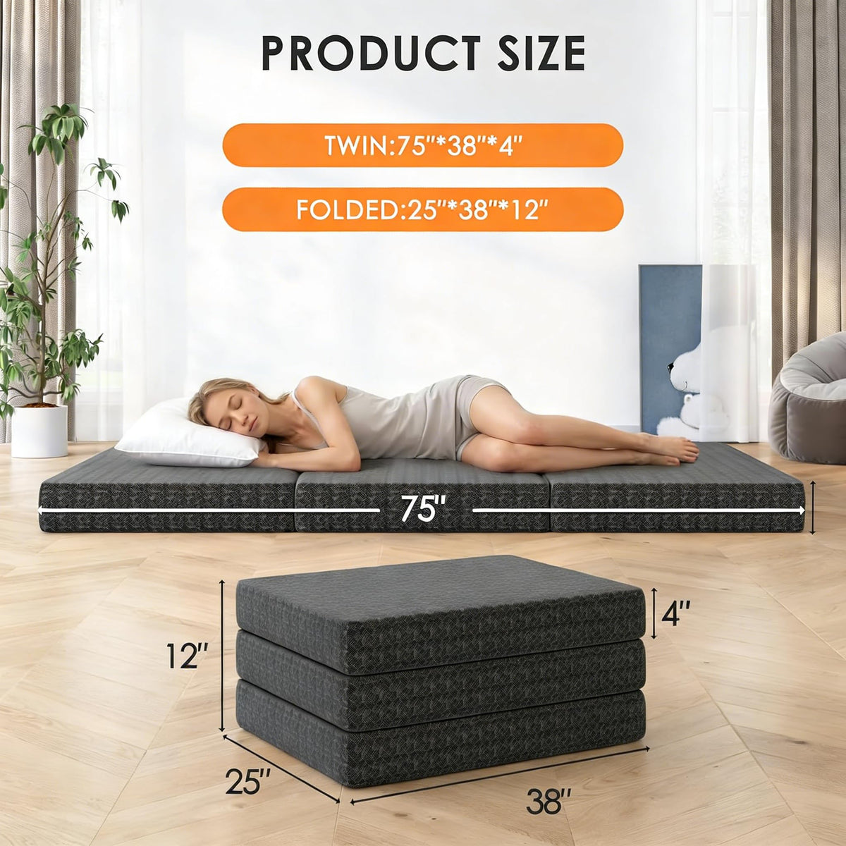 4 Inch Tri-Fold Twin Size Memory Foam Mattress with Washable Cover A86650