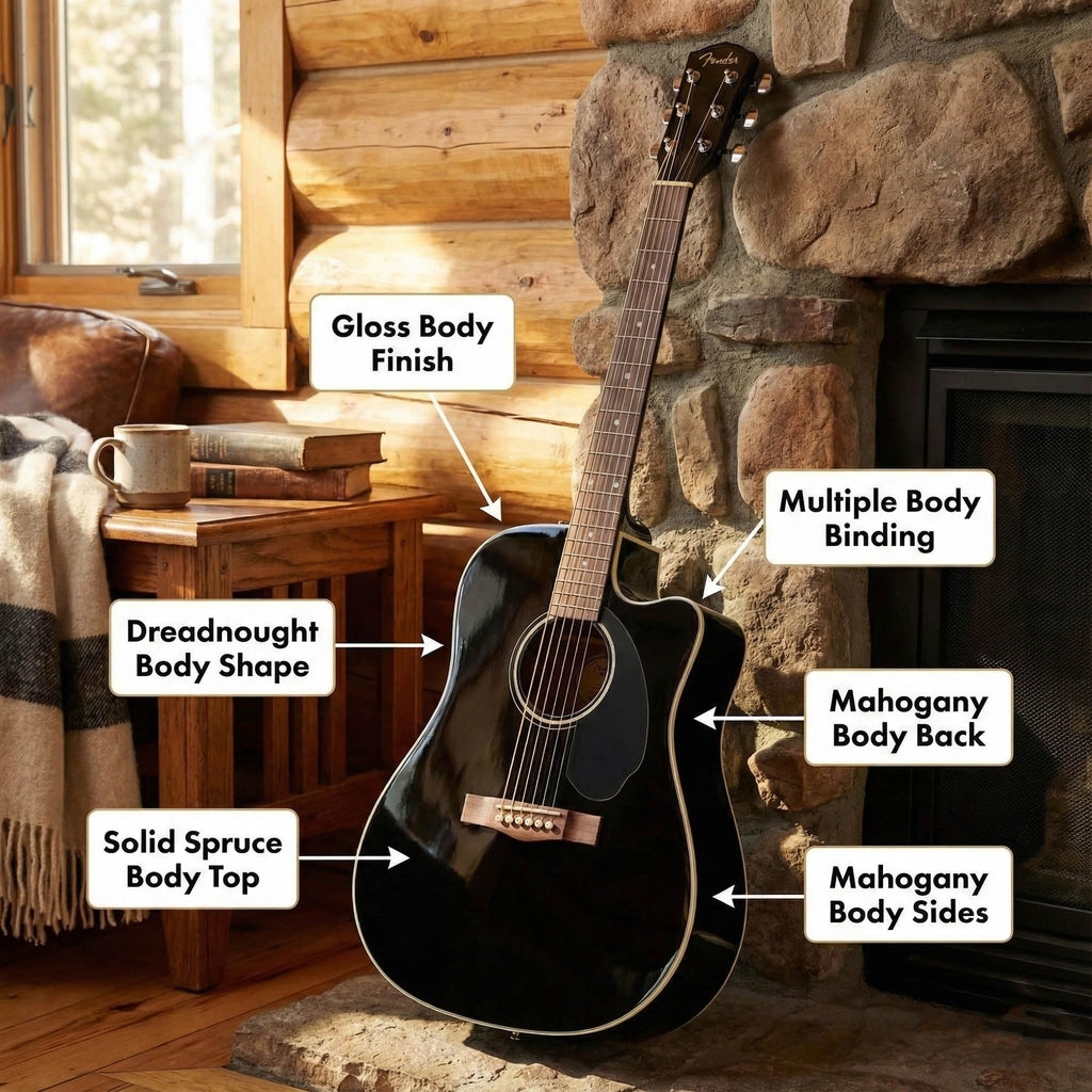 Black Solid Top Dreadnought Acoustic-Electric Guitar with Hard Case P34179