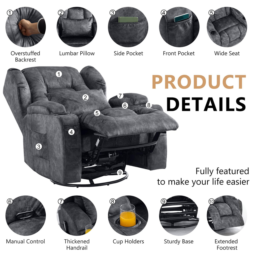 Manual Swivel Rocker Recliner Chair Velvet Grey Z625438