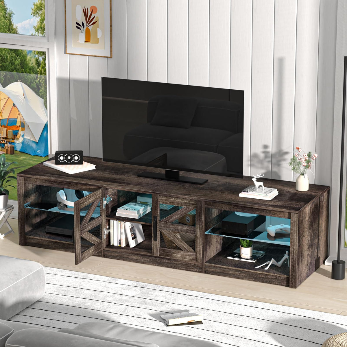 Rustic Brown Grey TV Stand with Sliding Barn Door J4866