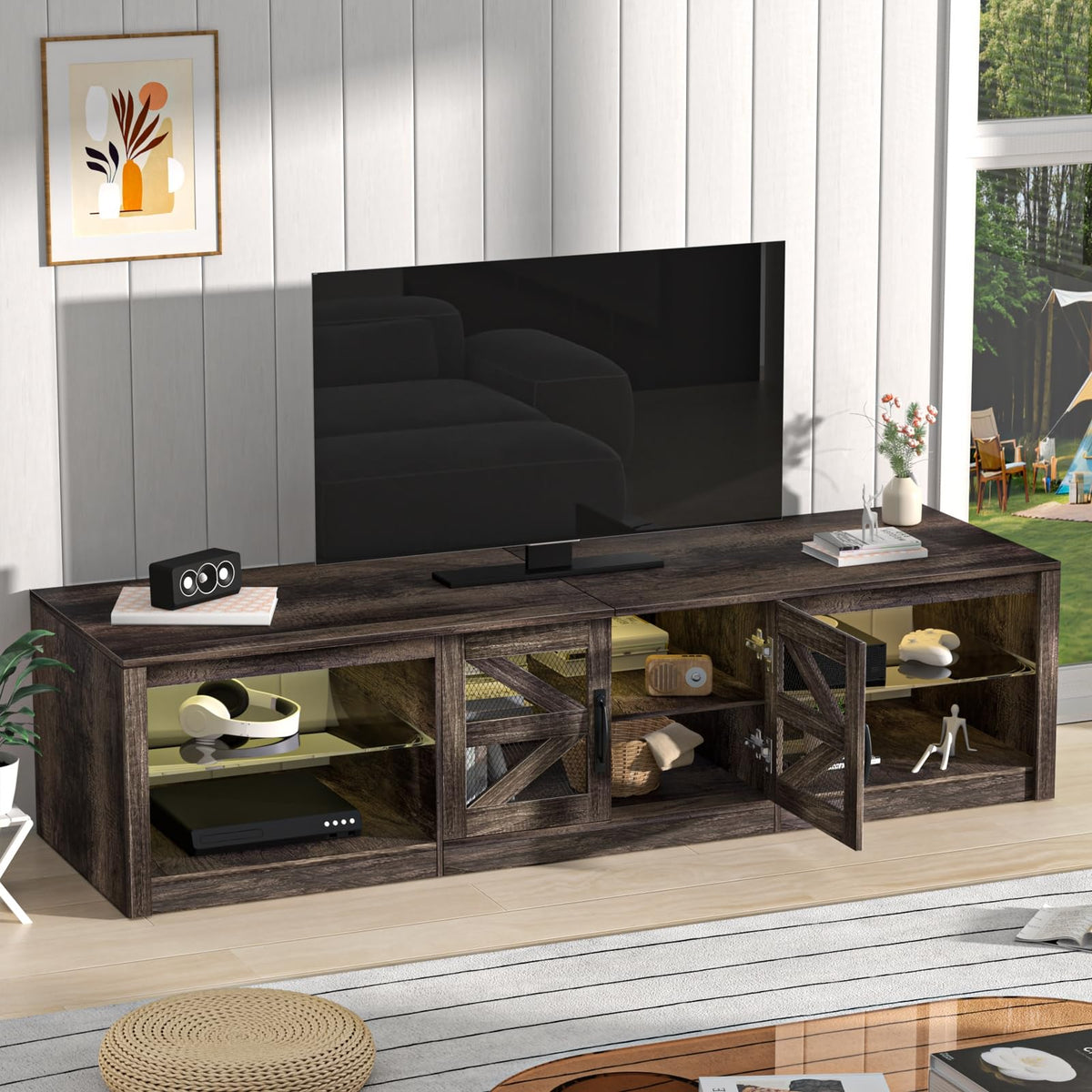 Rustic Brown Grey TV Stand with Sliding Barn Door J4866