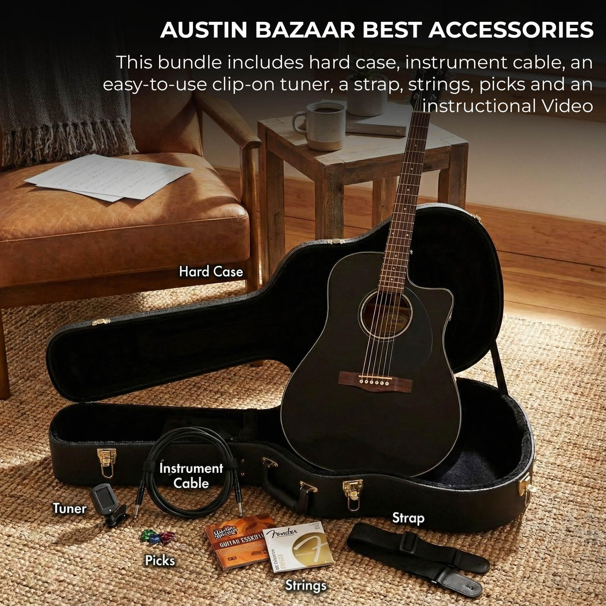 Black Solid Top Dreadnought Acoustic-Electric Guitar with Hard Case P34179