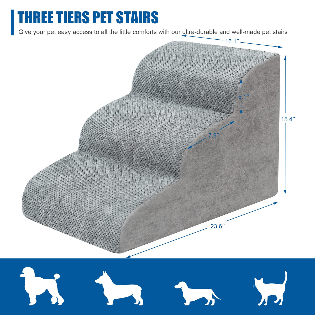 High Density Foam Dog Stairs 3 Steps Grey Q847