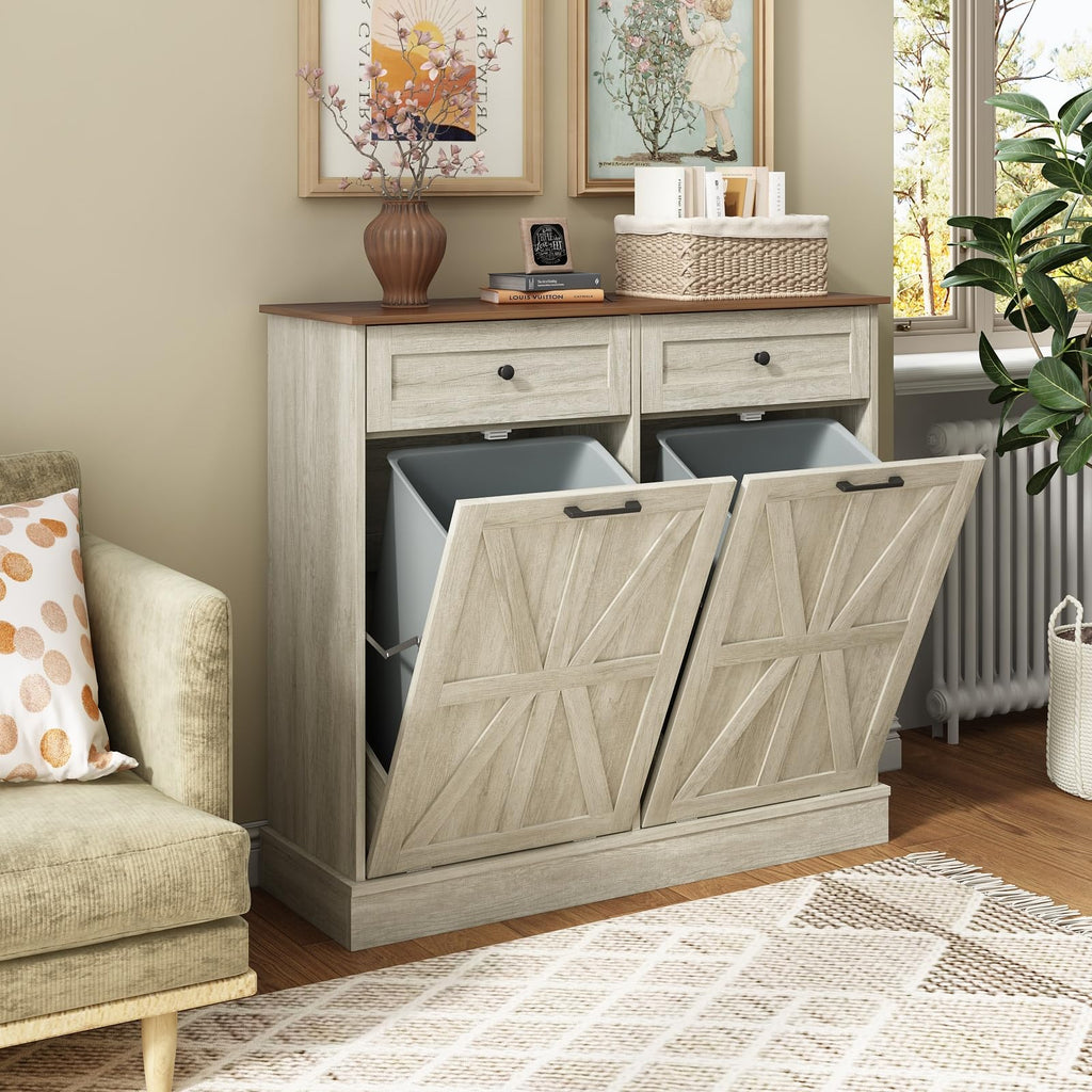 Double Tilt Out Trash Bin Holder Walnut White Wooden 10 Gallon Z766
