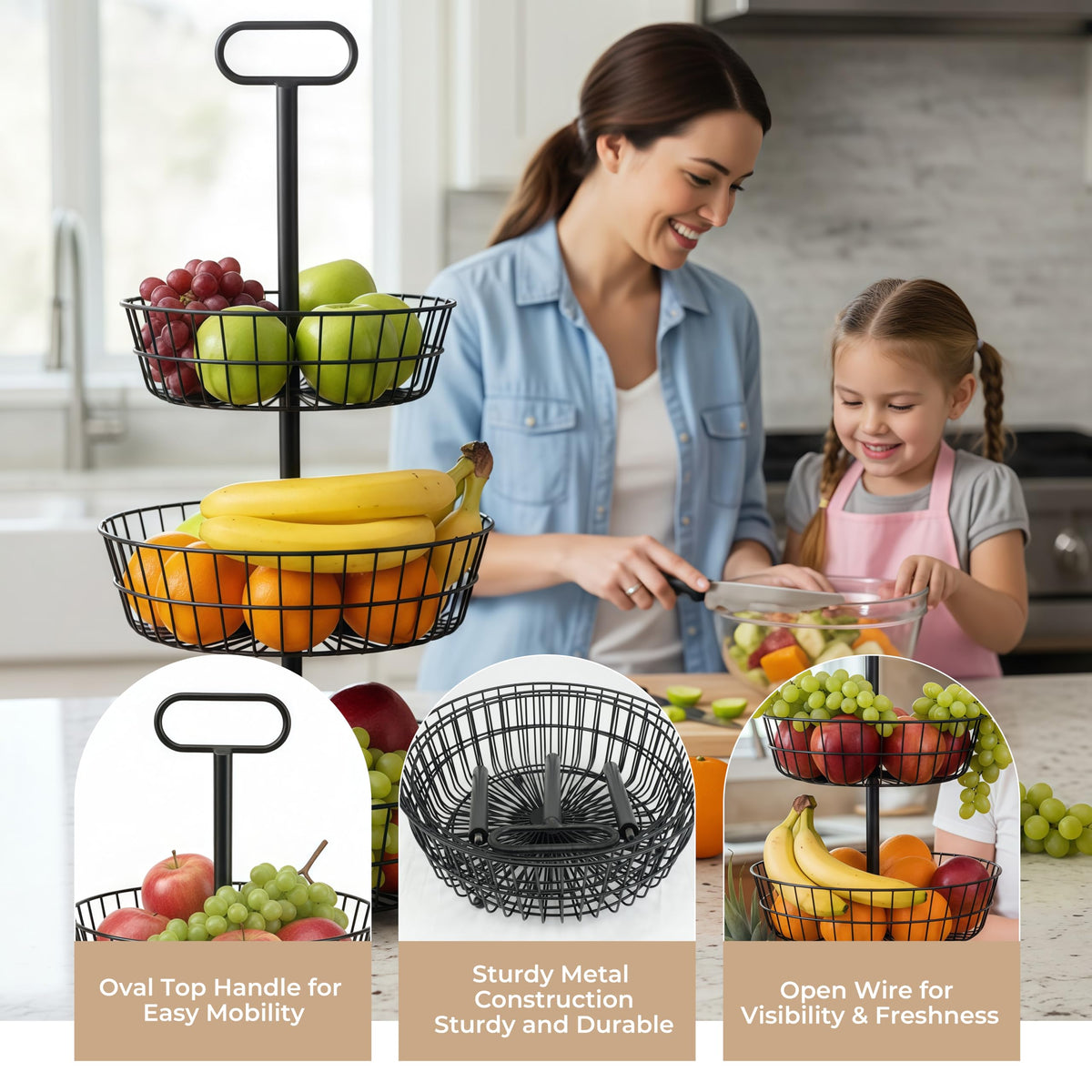3-Tier Metal Round Standing Fruit Basket with Handle P35857