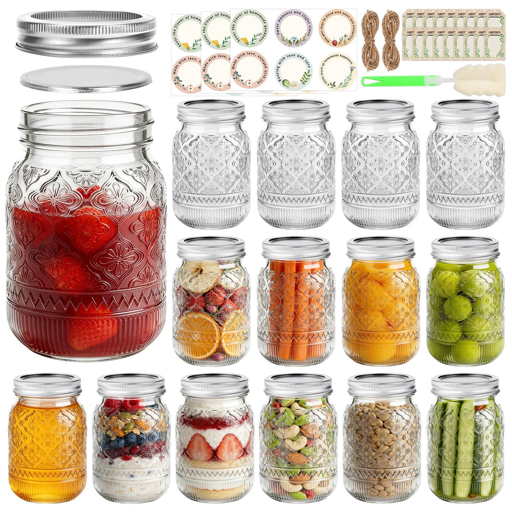 16oz Embossed Mason Jars 15-Pack with Airtight Lids D245366
