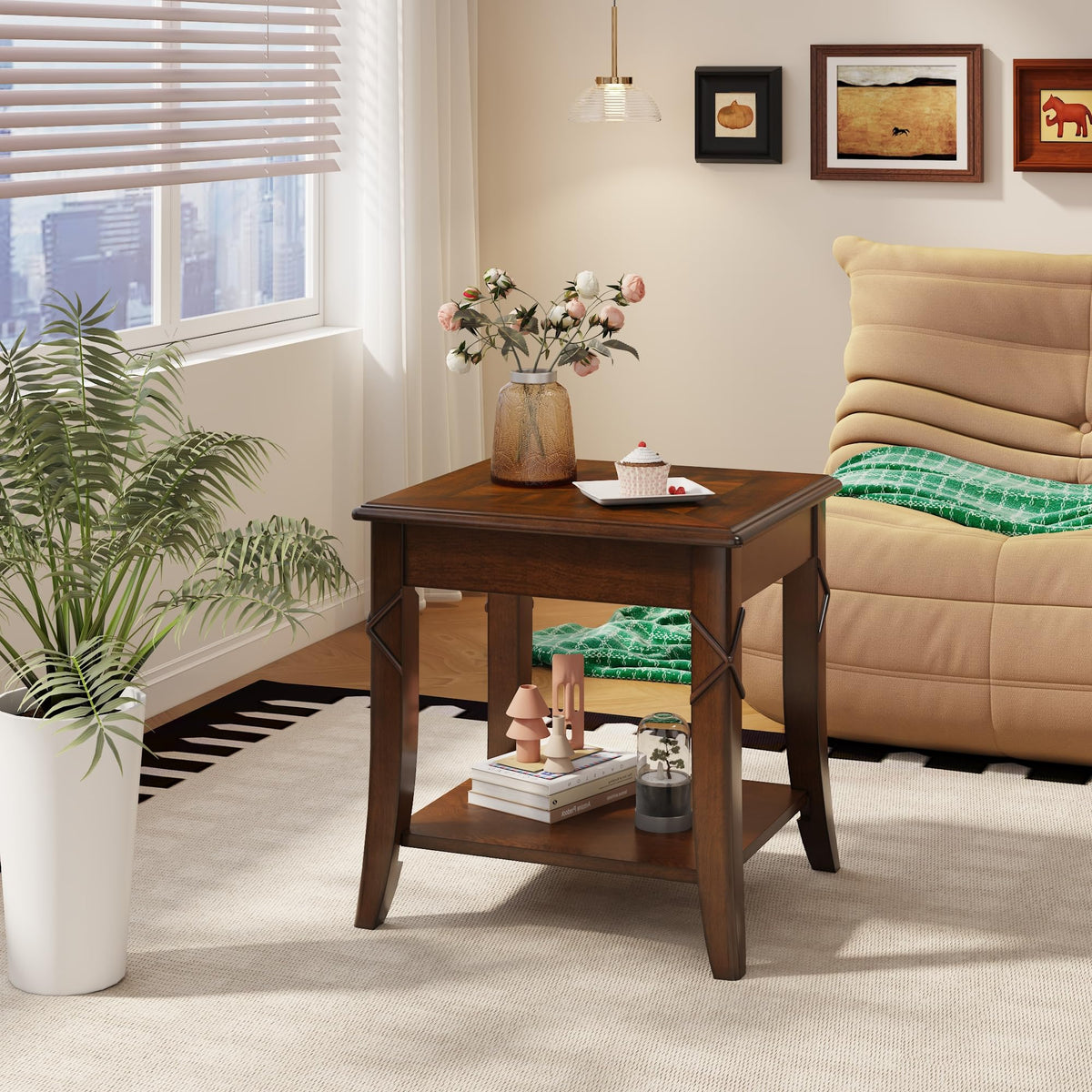 Solid Wood End Table with Storage Shelf Y27407
