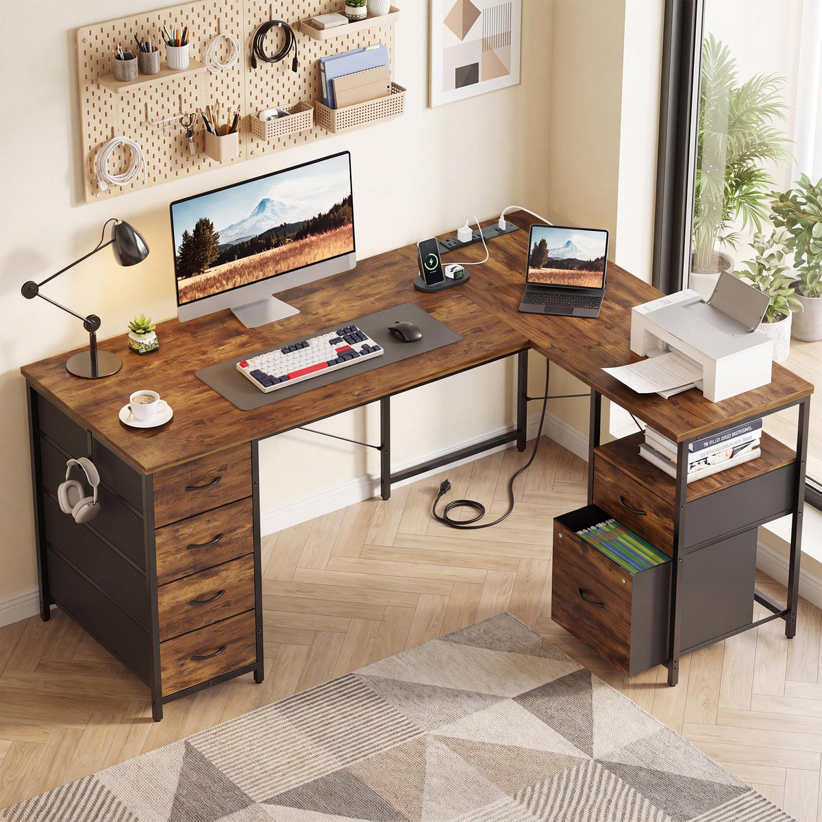 55 Inch L Shaped Office Desk with 6 Drawers V1497