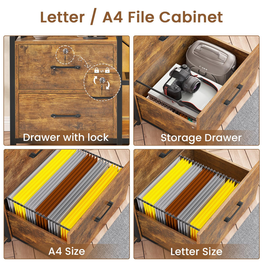 35.4” File Cabinet with 2 Drawer, Power Strip, LED Lights, Lock, Open Shelf, Rustic Brown K243332