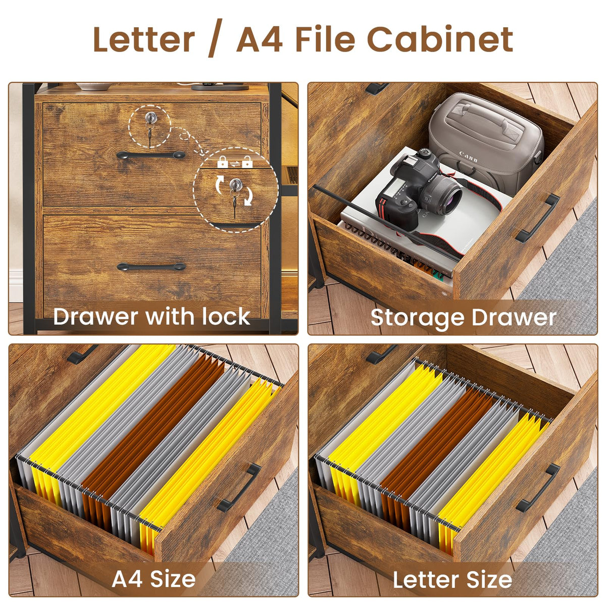 35.4” File Cabinet with 2 Drawer, Power Strip, LED Lights, Lock, Open Shelf, Rustic Brown K243332
