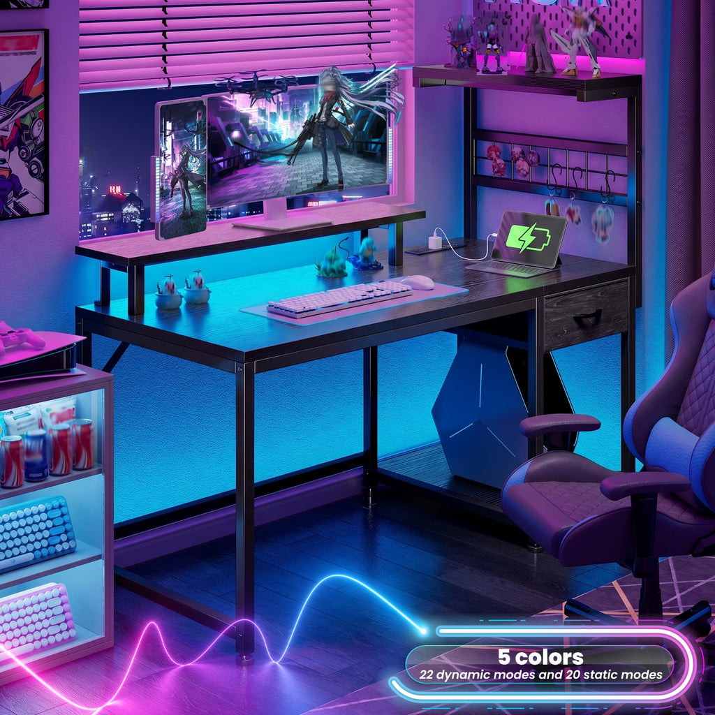 40" Gaming Desk with LED Lights & Power Outlets, Black I81087